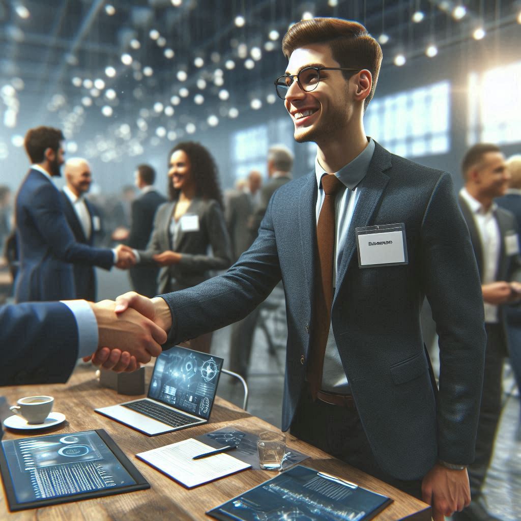 A young professional attending a sports industry networking event, shaking hands and making connections