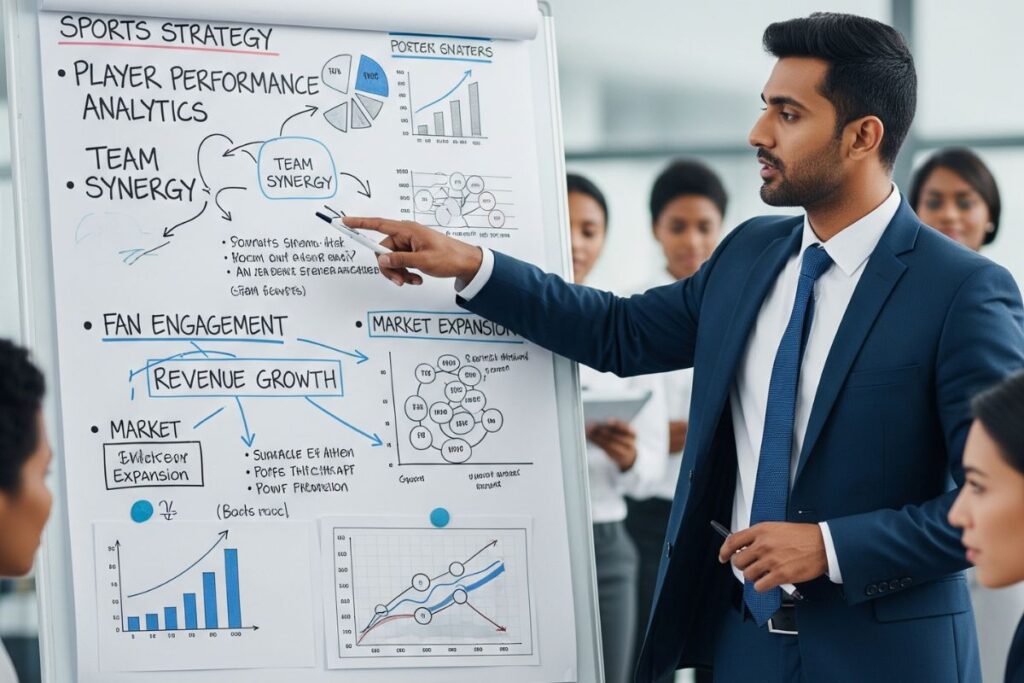 A Indian person in a business suit pointing to a whiteboard with charts and graphs during a meeting