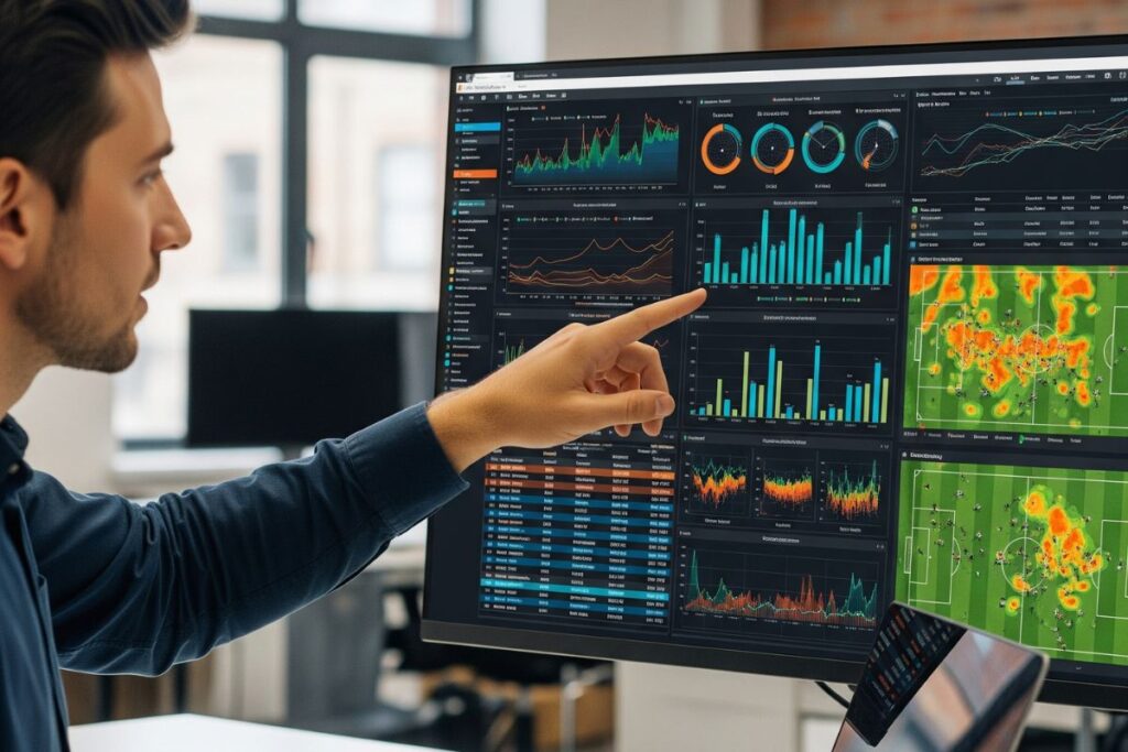 A data analyst pointing at complex charts and player statistics on a large screen in a modern office