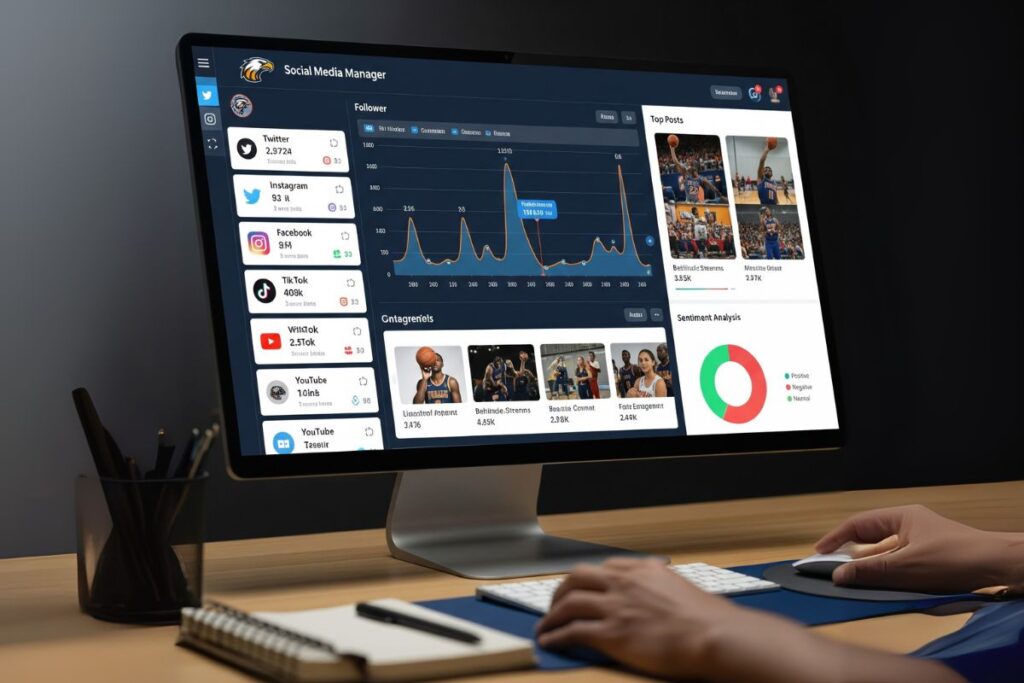 A social media manager's dashboard showing engagement metrics for a sports team's social media accounts