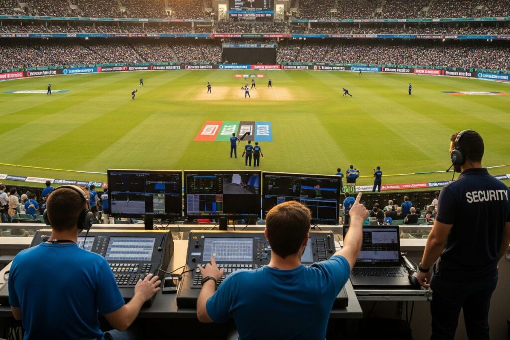A wide-angle shot of a bustling sports stadium during a game, showcasing the crowd, the field, and the operational staff working behind the scenes