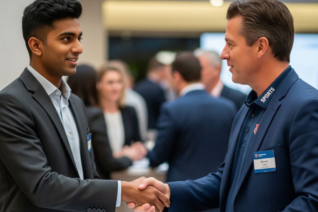 A young professional shaking hands with a sports executive at a networking event