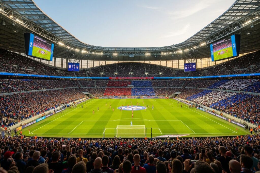 A wide-angle shot of a modern, bustling sports stadium filled with fans, symbolizing the scale of the sports industry