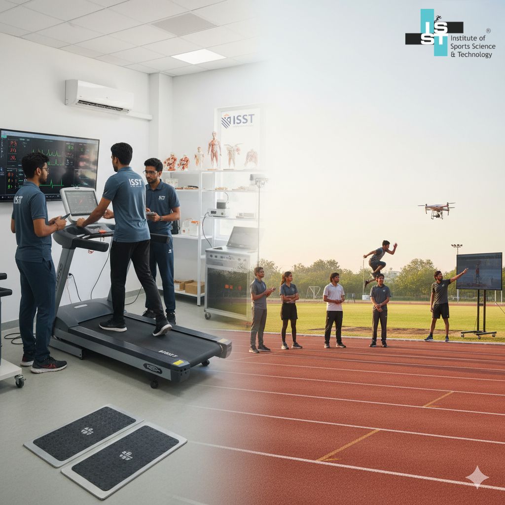 Students at ISST Pune participating in a hands-on practical session in a sports science lab or on a field