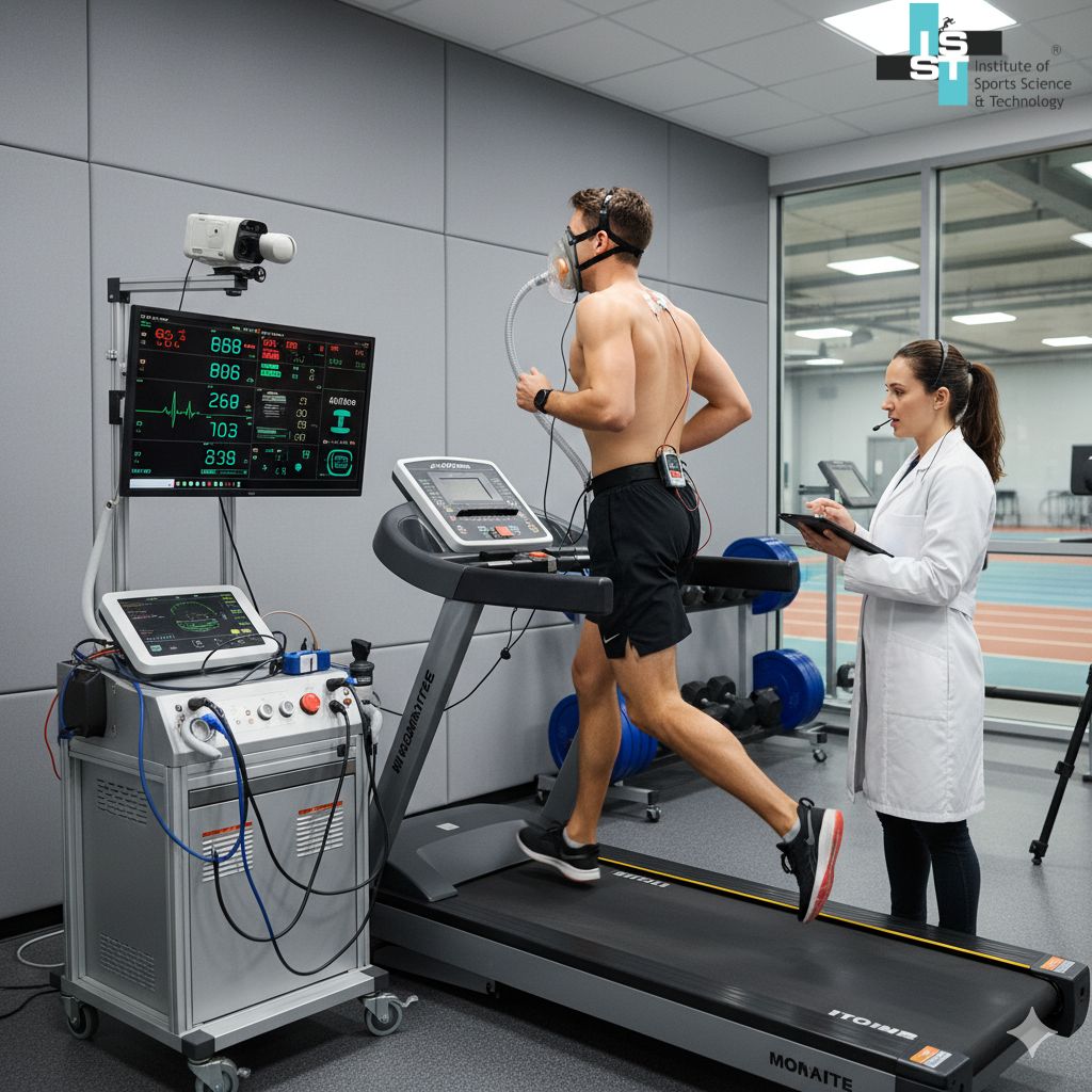An exercise physiologist monitoring an athlete on a treadmill with advanced testing equipment