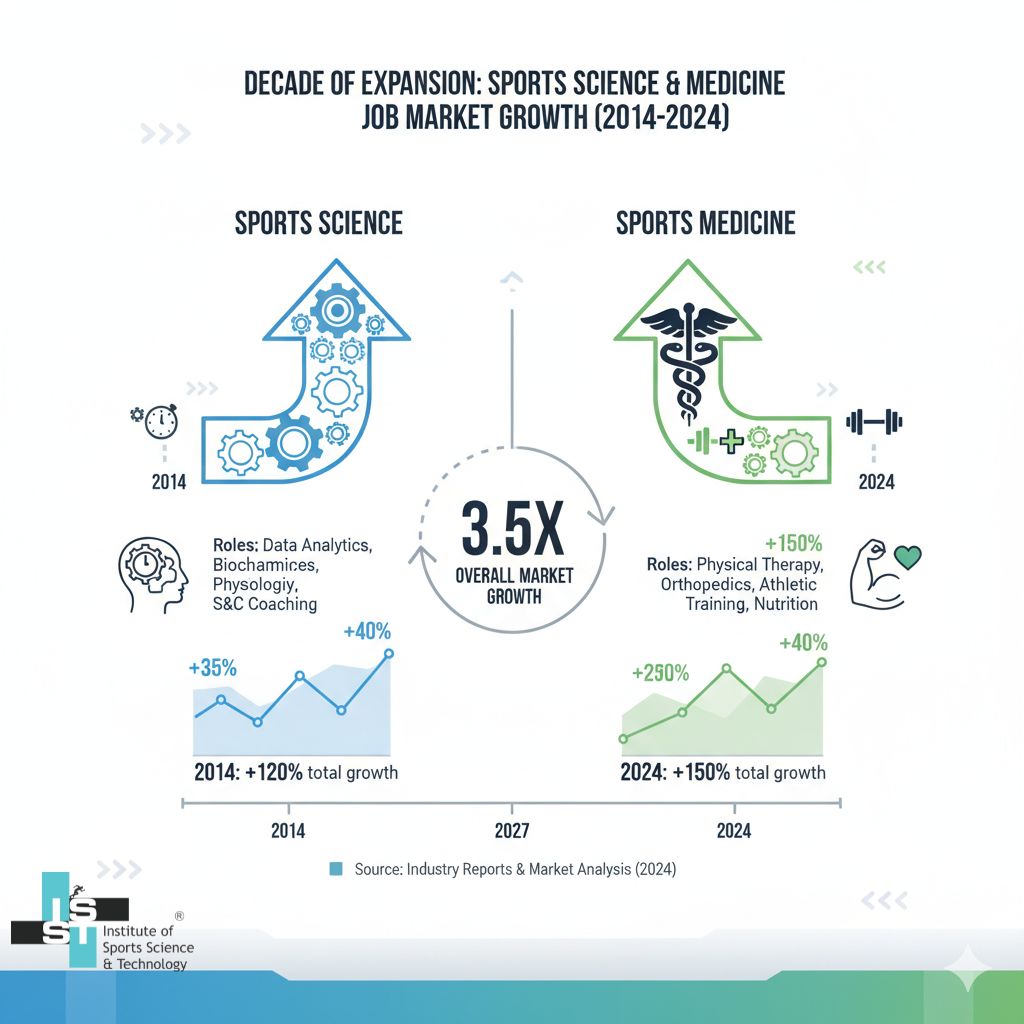 An infographic showing the growth of the sports science and sports medicine job market over the last decade
